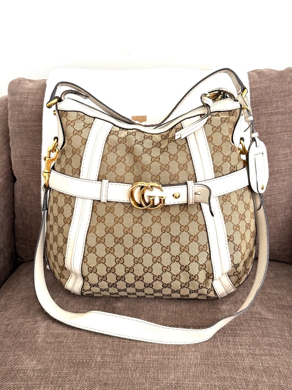Gucci authentic shoulder bag white leather brown monogram canvas gold GG